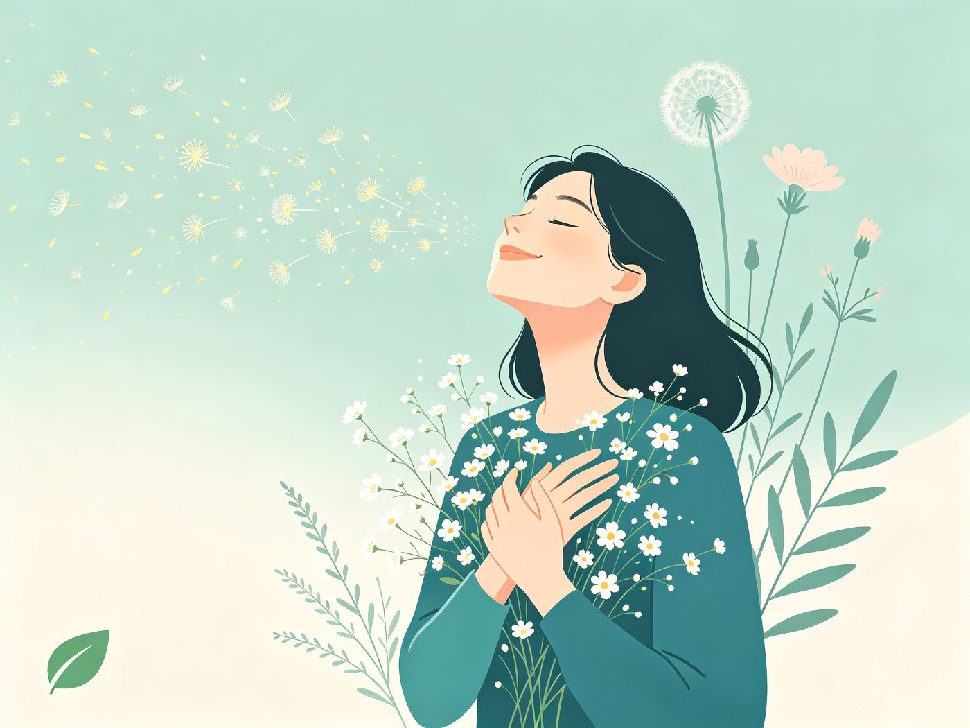 Illustration of a woman breathing fresh, clean air surrounded by soft flowers and drifting pollen particles